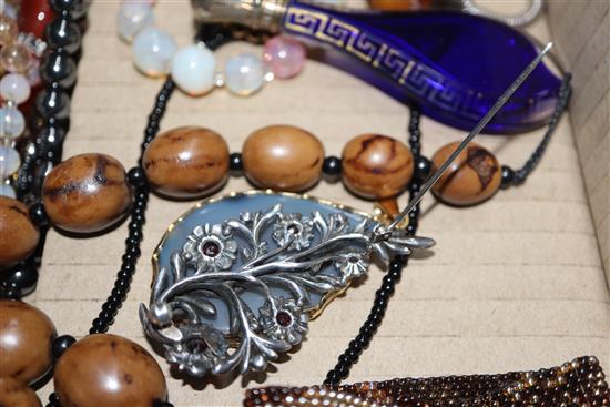 A mixed group of assorted costume jewellery including hematite necklace and two mounted glass scent bottles.